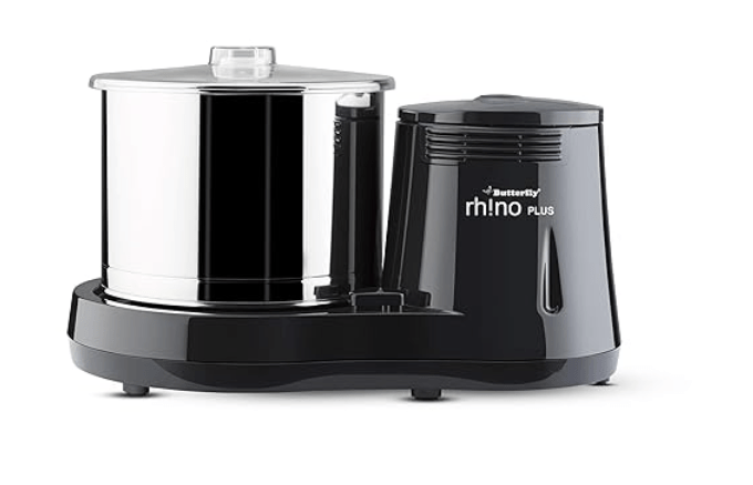 Butterfly Rhino Plus 2 Litres Table-Top Wet Grinder | 150 Watts | Shockproof ABS Body | Coconut Scrapper Attachment | Dough Kneader | Stainless Steel Drum | 2 Years Manufacturer's Warranty | Grey
