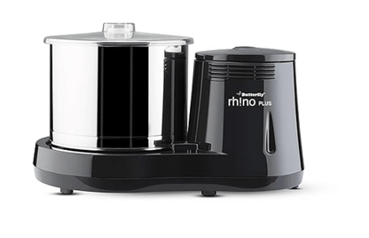 Butterfly Rhino Plus 2 Litres Table-Top Wet Grinder | 150 Watts | Shockproof ABS Body | Coconut Scrapper Attachment | Dough Kneader | Stainless Steel Drum | 2 Years Manufacturer's Warranty | Grey