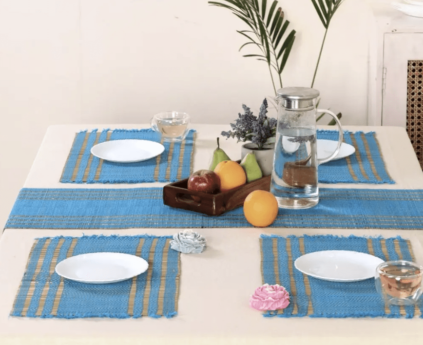 Handmade Dining Table Mats and Table Runner In Blue (Set of 6/4) | Eco Friendly Tableware Sustainably Handwoven from Natural Grass
