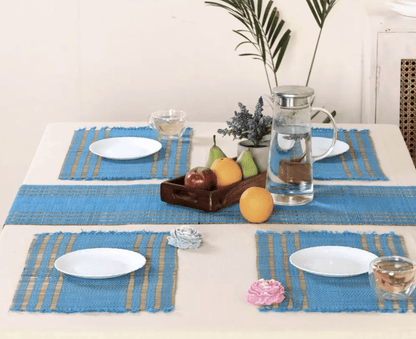 Handmade Dining Table Mats and Table Runner In Blue (Set of 6/4) | Eco Friendly Tableware Sustainably Handwoven from Natural Grass