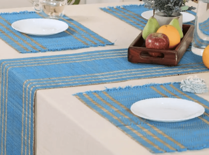 Handmade Dining Table Mats and Table Runner In Blue (Set of 6/4) | Eco Friendly Tableware Sustainably Handwoven from Natural Grass