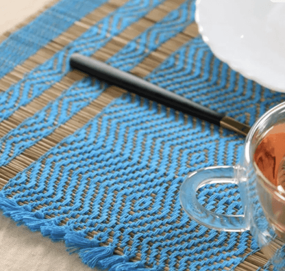 Handmade Dining Table Mats and Table Runner In Blue (Set of 6/4) | Eco Friendly Tableware Sustainably Handwoven from Natural Grass