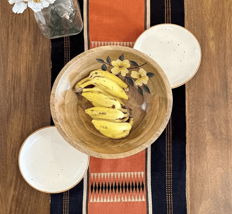 Table Runner In Rust & Black With Tangerine Striped | Eco Friendly Sustainable Embroidered Tableware | Handmade In India