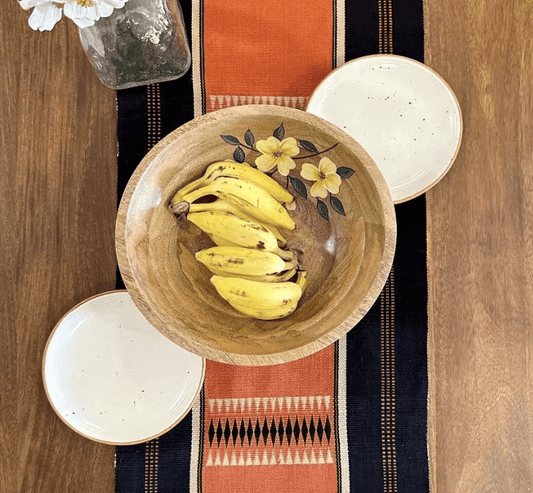 Table Runner In Rust & Black With Tangerine Striped | Eco Friendly Sustainable Embroidered Tableware | Handmade In India
