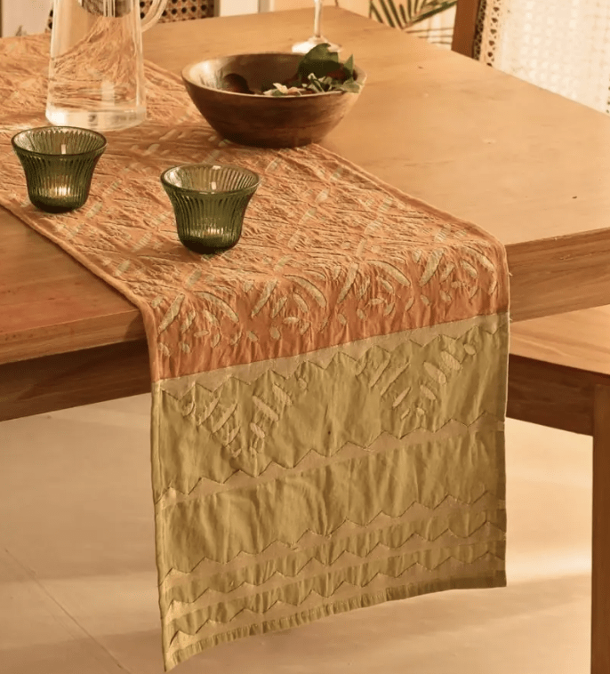 Coral & Sage Green Applique Cotton Dining Table Runner | 15" x 60" | Marigold Collection