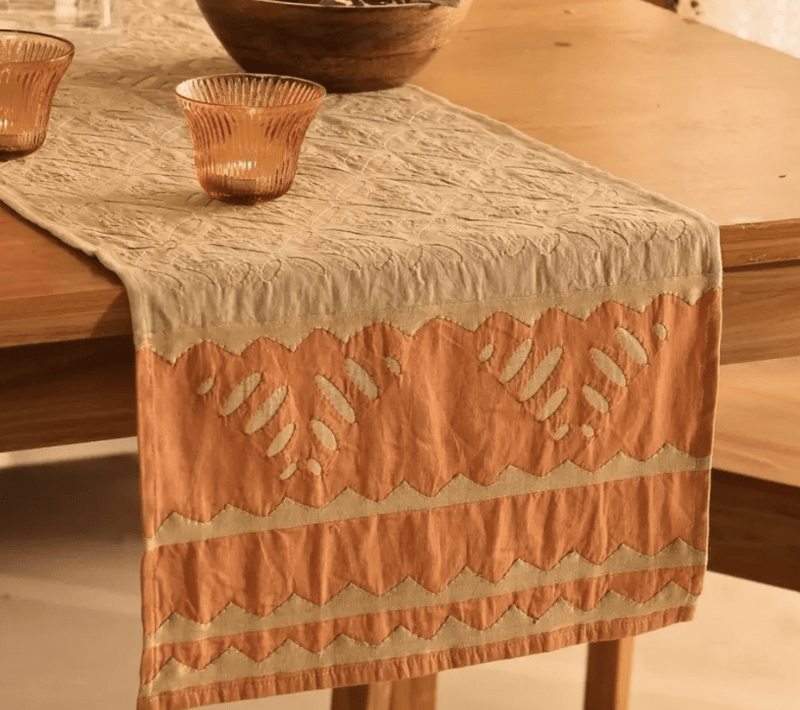 Taupe & Rust Applique Cotton Dining Table Runner | 15" x 60" | Marigold Collection-1