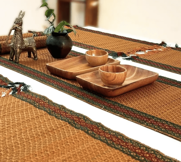 Handmade Dining Table Mats and Table Runner in Rust and Green (Set of 6/4) | Eco Friendly Tableware Sustainably Handwoven from Natural Grass-1