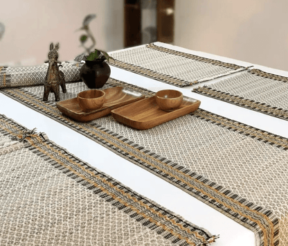 Handmade Dining Table Mats and Table Runner in Beige (Set of 6/4) | Eco Friendly Tableware Sustainably Handwoven from Natural Grass