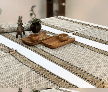 Handmade Dining Table Mats and Table Runner in Beige (Set of 6/4) | Eco Friendly Tableware Sustainably Handwoven from Natural Grass