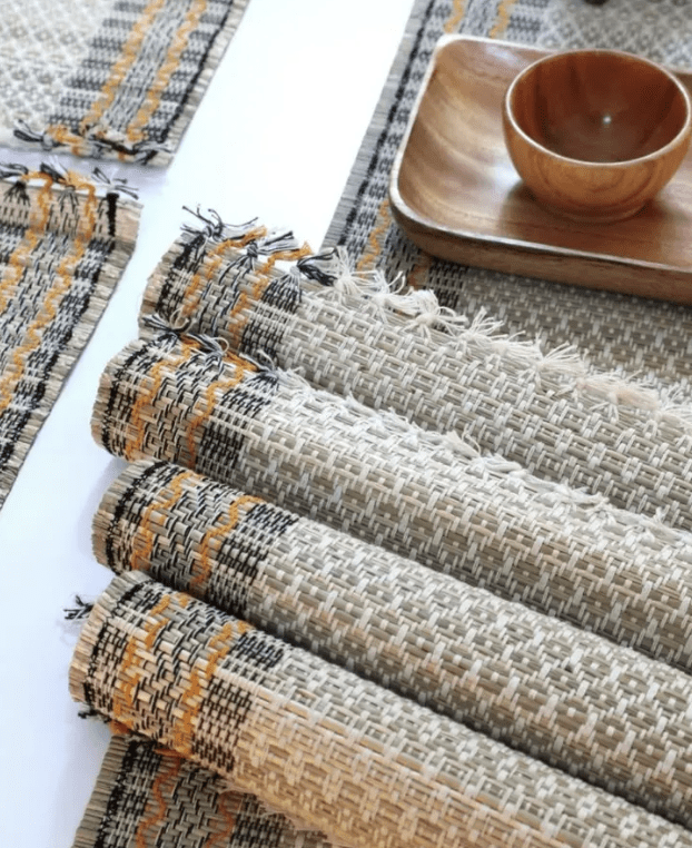 Handmade Dining Table Mats and Table Runner in Beige (Set of 6/4) | Eco Friendly Tableware Sustainably Handwoven from Natural Grass