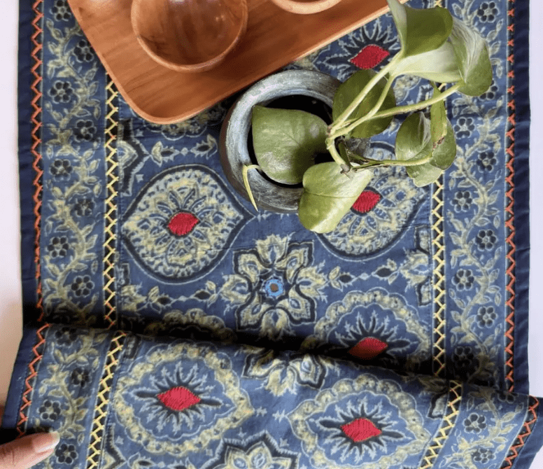 Dining Table Runner in Cotton with Block Print Blue | Eco Friendly Tableware Sustainably Crafted from Pure Cotton | Handmade In India
