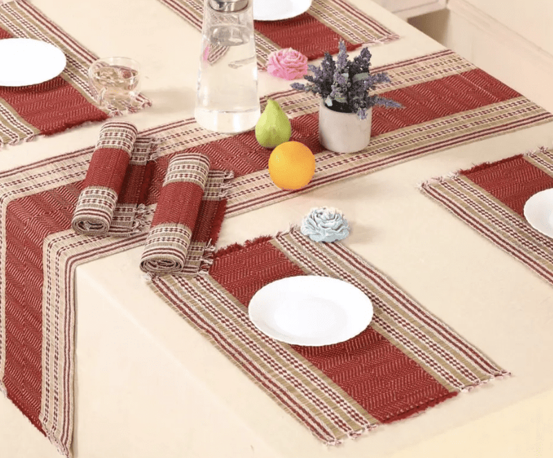 Handmade Dining Table Mats and Table Runner in Maroon (Set of 6/4) | Eco Friendly Tableware Sustainably Handwoven from Natural Grass-1