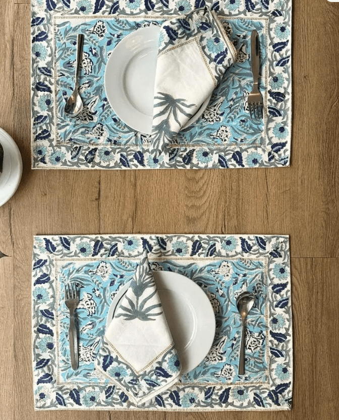 Handmade Dining Table Mats & Napkins in White & Floral (Set of 6) | Eco Friendly Tableware Sustainably Handwoven in Pure Cotton