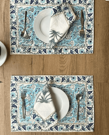 Handmade Dining Table Mats & Napkins in White & Floral (Set of 6) | Eco Friendly Tableware Sustainably Handwoven in Pure Cotton