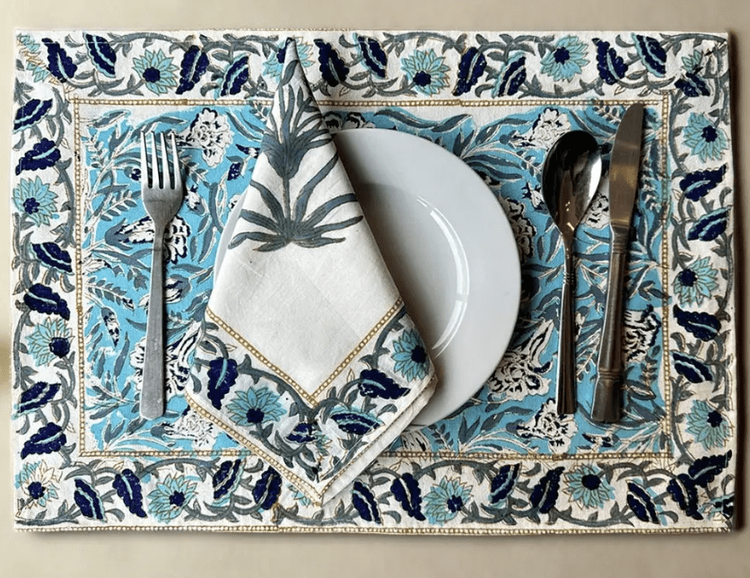 Handmade Dining Table Mats & Napkins in White & Floral (Set of 6) | Eco Friendly Tableware Sustainably Handwoven in Pure Cotton