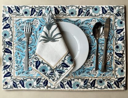 Handmade Dining Table Mats & Napkins in White & Floral (Set of 6) | Eco Friendly Tableware Sustainably Handwoven in Pure Cotton