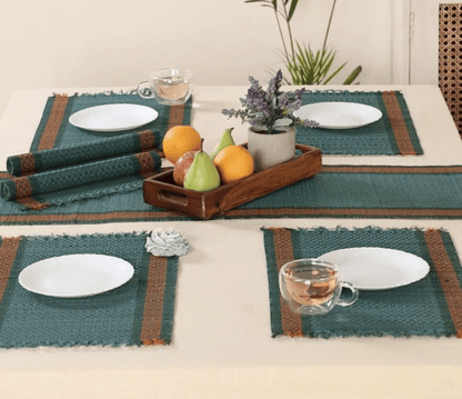 Handmade Dining Table Mats and Table Runner In Teal (Set of 6/4) | Eco Friendly Tableware Sustainably Handwoven from Natural Grass