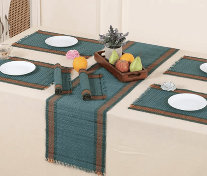 Handmade Dining Table Mats and Table Runner In Teal (Set of 6/4) | Eco Friendly Tableware Sustainably Handwoven from Natural Grass