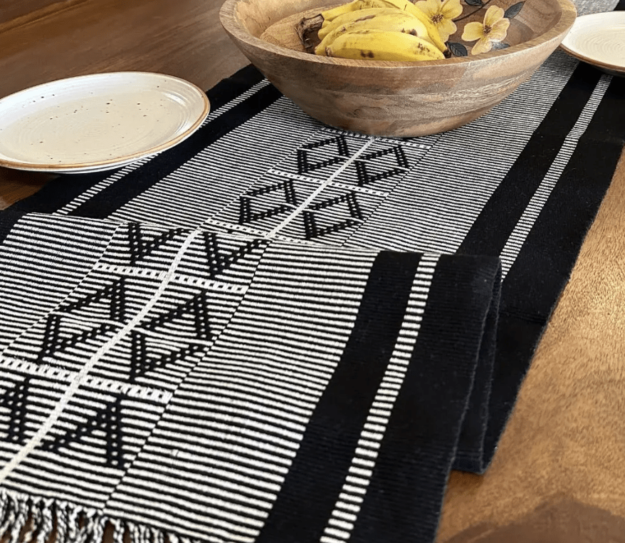 Monochrome Handwoven Diamond Motif Table Runner