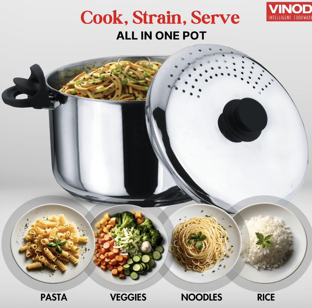 Vinod Stainless Steel Pasta, Rice Pot with Strainer lid - 6.8 Litre, SAS Bottom Rice Maker Cooker, Noodles, Veggies Boiler Pot with Locking Handles, Induction Base - 2 Year Warranty