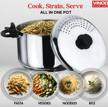 Vinod Stainless Steel Pasta, Rice Pot with Strainer lid - 6.8 Litre, SAS Bottom Rice Maker Cooker, Noodles, Veggies Boiler Pot with Locking Handles, Induction Base - 2 Year Warranty