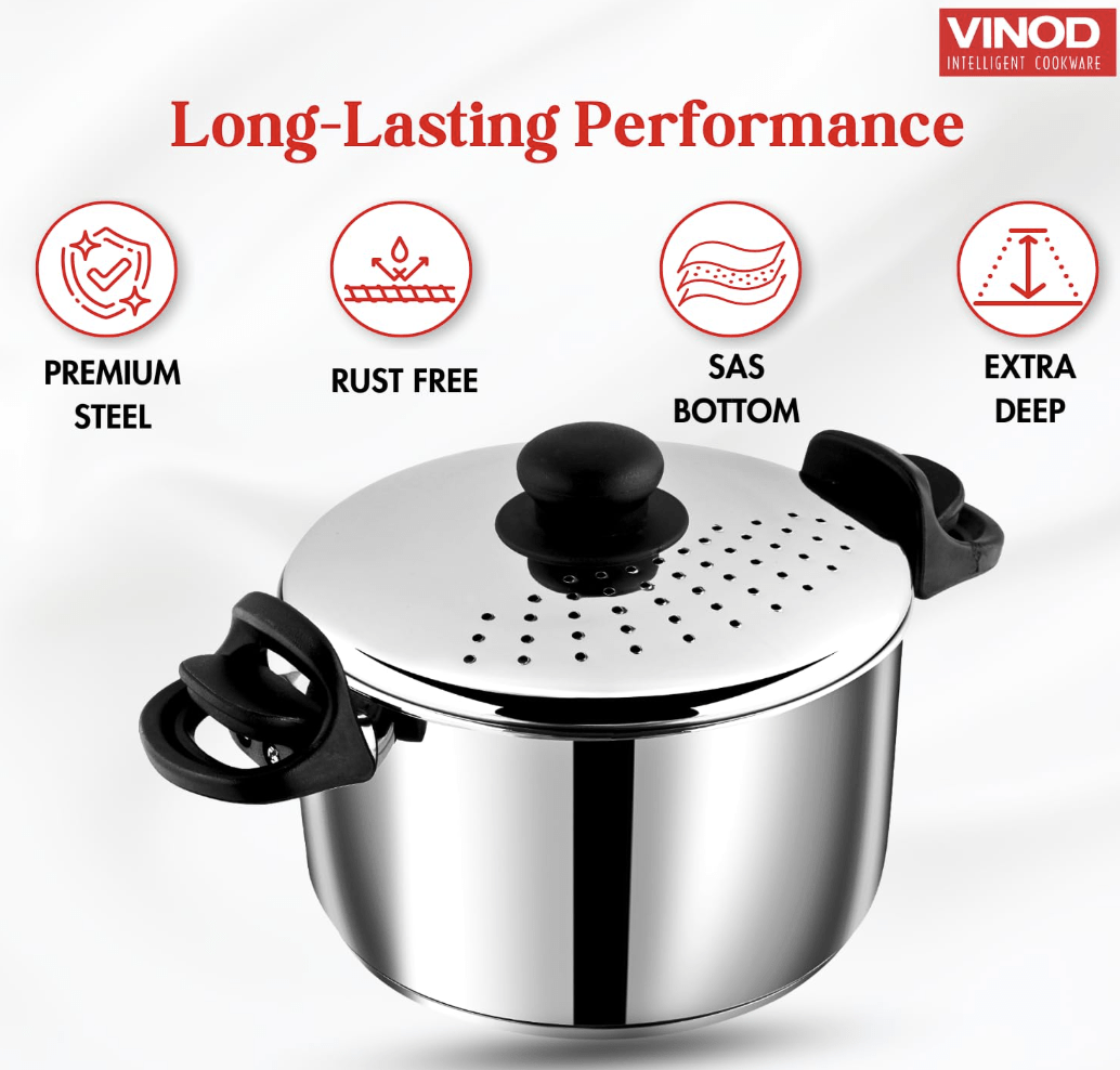Vinod Stainless Steel Pasta, Rice Pot with Strainer lid - 6.8 Litre, SAS Bottom Rice Maker Cooker, Noodles, Veggies Boiler Pot with Locking Handles, Induction Base - 2 Year Warranty