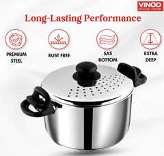 Vinod Stainless Steel Pasta, Rice Pot with Strainer lid - 6.8 Litre, SAS Bottom Rice Maker Cooker, Noodles, Veggies Boiler Pot with Locking Handles, Induction Base - 2 Year Warranty-2