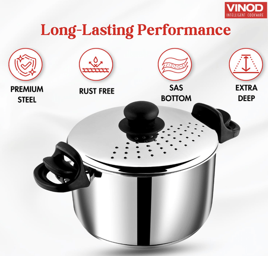 Vinod Stainless Steel Pasta, Rice Pot with Strainer lid - 6.8 Litre, SAS Bottom Rice Maker Cooker, Noodles, Veggies Boiler Pot with Locking Handles, Induction Base - 2 Year Warranty