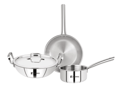 Bergner Tripro Triply Stainless Steel 4 Pc Cookware Set, 24 cm Indian Wok/Kadai with Lid, 22 cm Frypan, 16 cm Tea Pan, Even and Fast Heating, Induction Bottom, Gas Ready, Silver-1