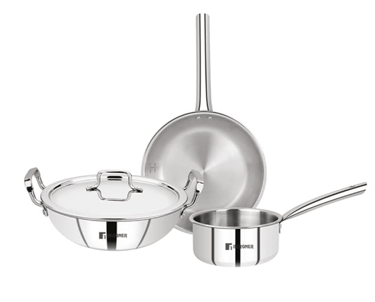 Bergner Tripro Triply Stainless Steel 4 Pc Cookware Set, 24 cm Indian Wok/Kadai with Lid, 22 cm Frypan, 16 cm Tea Pan, Even and Fast Heating, Induction Bottom, Gas Ready, Silver