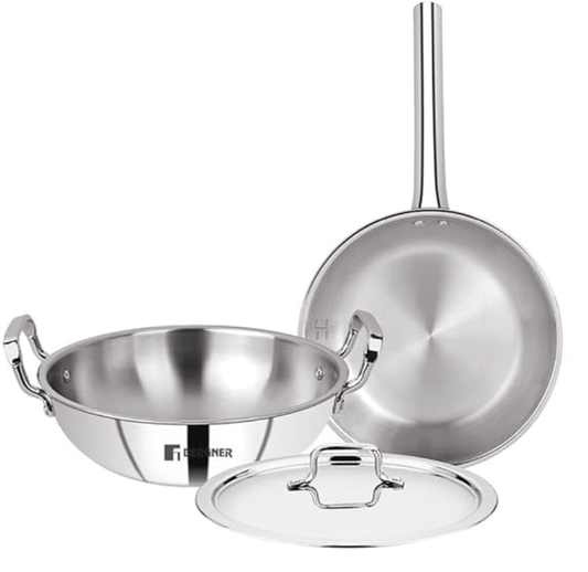 Bergner Tripro Triply Stainless Steel 3 Pc Cookware Set, 24 cm Indian Wok/Kadai with Lid, 22 cm Frypan Without Lid, Fast and Event Heating, Induction Bottom, Gas Ready, Silver