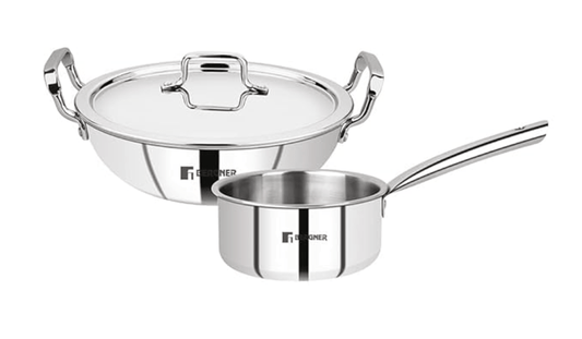 Bergner Tripro TriPly Stainless Steel 3 Pcs Cookware Set - Set of 24 cm (3 L) Indian Wok/Kadai with Lid, 16 cm (1.7 L) Teapan, Induction Bottom and Gas Stove Ready (5-Year Warranty by Bergner)