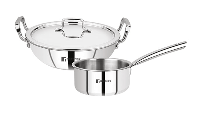 Bergner Tripro TriPly Stainless Steel 3 Pcs Cookware Set - Set of 24 cm (3 L) Indian Wok/Kadai with Lid, 16 cm (1.7 L) Teapan, Induction Bottom and Gas Stove Ready (5-Year Warranty by Bergner)-1