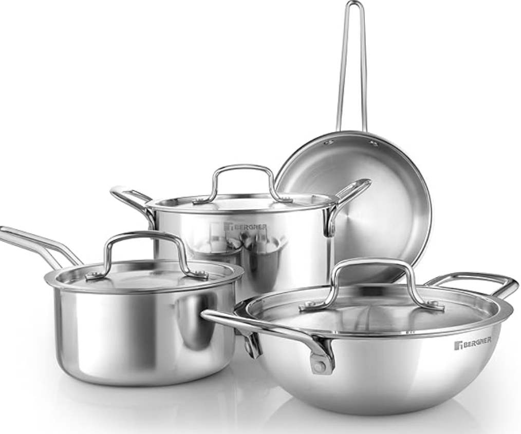 Bergner TriPro TriPly Stainless Steel 7 Pcs Cookware Set - 20cm Deep Kadai (1.5 L), 20cm Sautepan (1.2 L), 16cm Saucepan (1.7 L), 20cm Casserole (3 L), 3 Stainless Steel Lids, Induction Bottom