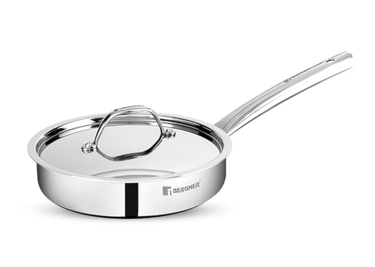 BERGNER Tripro TriPly Stainless Steel 22 cm (2 L) Sautepan/Deep Frypan with Lid, Ergonomic Stay Cool Handle, Even Heating, Induction Bottom and Gas Stove Ready - Silver (5-Year Warranty