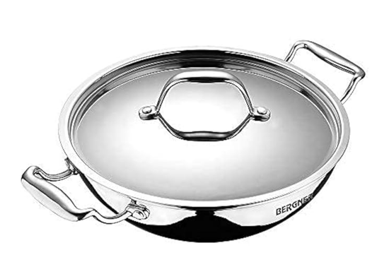 BERGNER Argent TriPly Stainless Steel 18 cm Kadai with Stainless Steel Lid, 1.3 L Small Kadhai with Lid, Food Safe, Dishwasher Safe, Induction and Gas Ready, 5-Year Warranty by Bergner