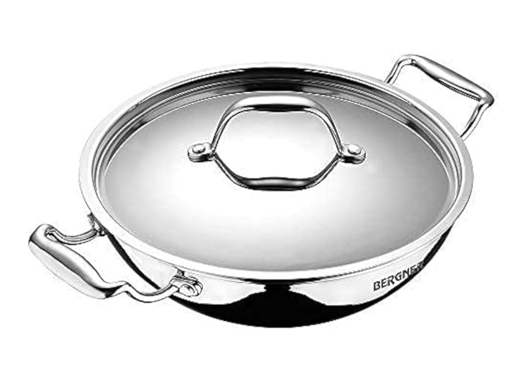 BERGNER Argent TriPly Stainless Steel 22cm Deep Kadai with Stainless Steel Lid, 2.8 L Deep Kadhai, Food Safe, Stay Cool Cast Handles, Less Oil Use, Dishwasher Safe, Induction Bottom and Gas Ready