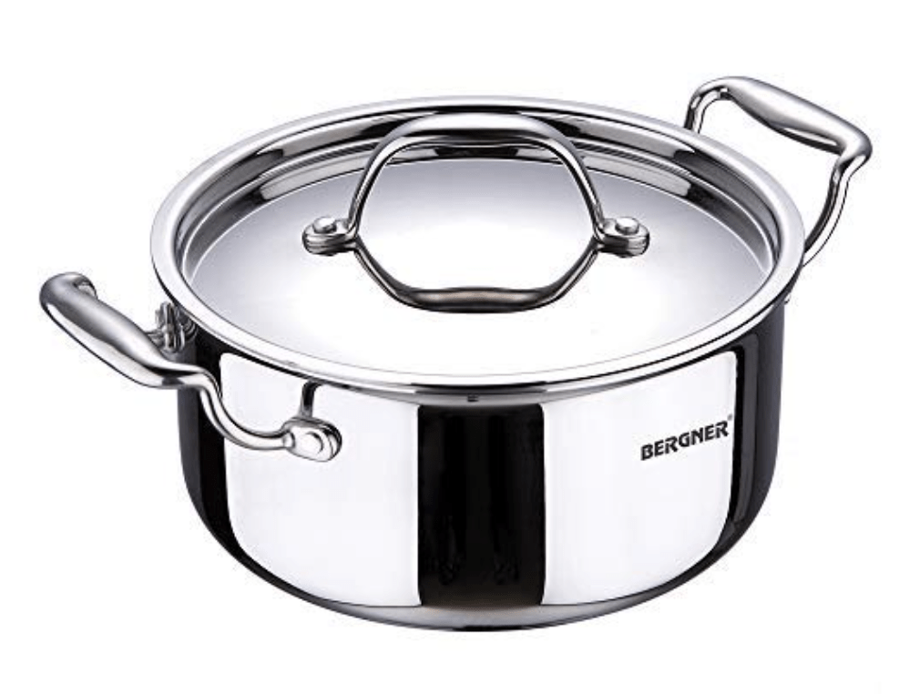 Bergner Argent Junior Chef Triply Stainless Steel 12 cm Casserole with Stainless Steel Lid, 0.8 Ltr Casserole, Durable Cookware, Mirror Finish, Induction Base and Gas Ready, Silver, 5-Year Warranty