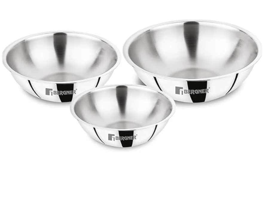 BERGNER Argent Triply Stainless Steel Tasra/Tasla/Kadhai, 3 Pcs Tasra Set of 20cm (1.5 L),22cm (2.25 L), 24cm (2.5 L), Less Oil Use, Easy to Clean, Even and Fast Heating - Induction Bottom