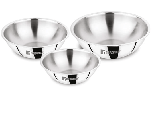 BERGNER Argent Triply Stainless Steel Tasra/Tasla/Kadhai, 3 Pcs Tasra Set of 20cm (1.5 L),22cm (2.25 L), 24cm (2.5 L), Less Oil Use, Easy to Clean, Even and Fast Heating - Induction Bottom