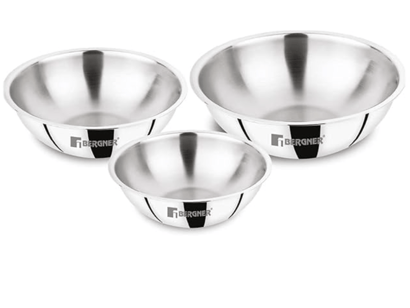 BERGNER Argent Triply Stainless Steel Tasra/Tasla/Kadhai, 3 Pcs Tasra Set of 20cm (1.5 L),22cm (2.25 L), 24cm (2.5 L), Less Oil Use, Easy to Clean, Even and Fast Heating - Induction Bottom-1
