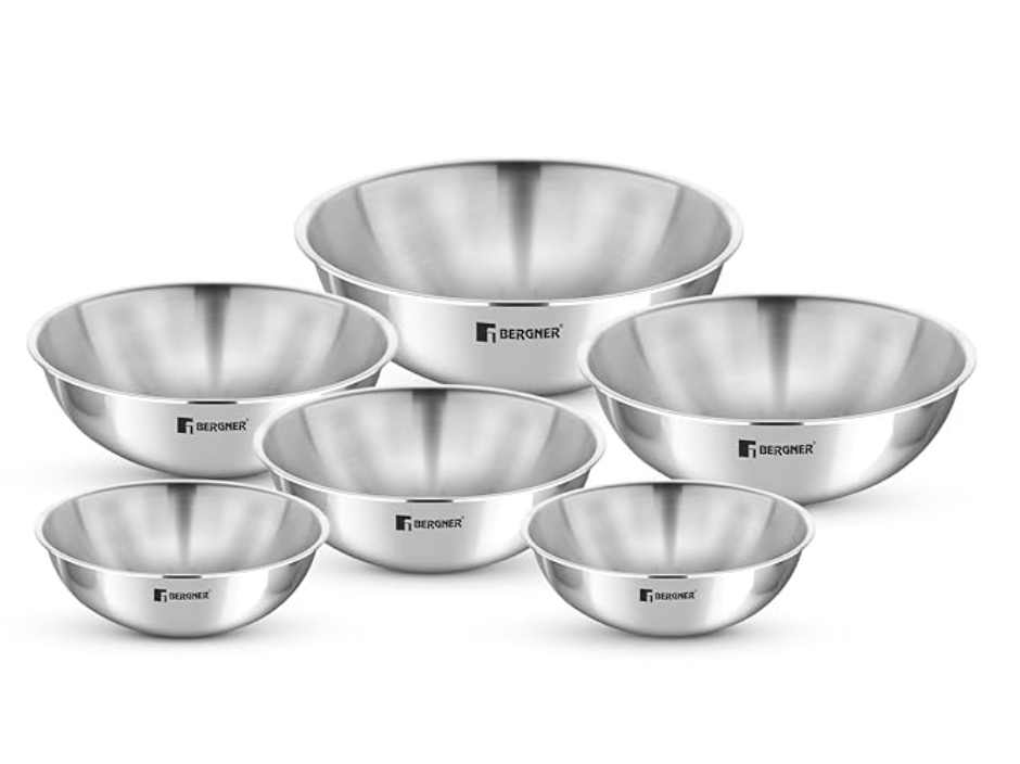 Bergner Argent Triply Stainless Steel Set of 6 Pcs Tasra/Taslas, Size of 16cm, 18cm, 20cm, 22cm, 24cm and 26cm, Even Heat Distribution, Less Oil Cooking, Induction Bottom and Gas Stove Ready - Silver