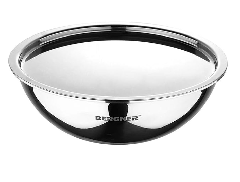 BERGNER Argent TriPly Stainless Steel 28 cm Tasra with Stainless Steel Lid, 3.9 LTR Tasla with Lid, Food Safe, Flared Rim, Durable, Dishwasher Safe, Induction Bottom and Gas Ready