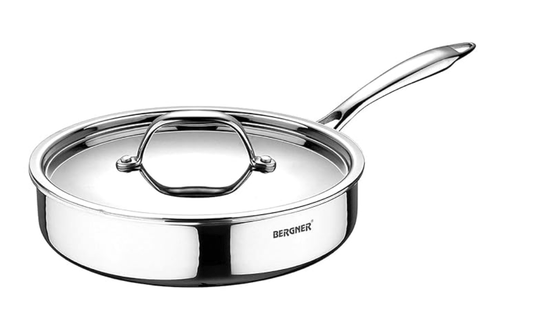 BERGNER Argent TriPly Stainless Steel 22 cm Sautepan with Stainless Steel Lid, 1.8 L Saute Pan, Stay Cool Cast Handle, Food Safe, Durable, Dishwasher Safe, Induction and Gas Ready