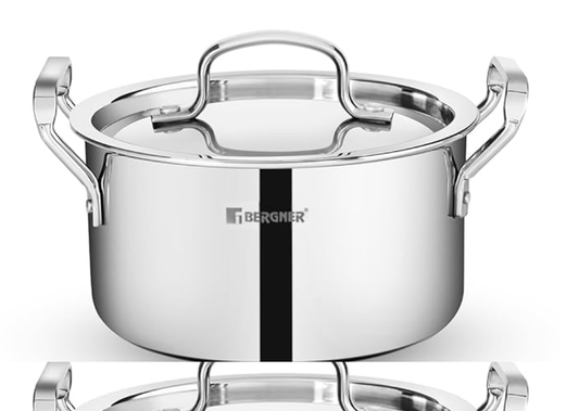 Bergner Tripro Triply 22 cm Casserole, 4.2 L Capacity, Stainless Steel Lid, For Biryani/Pulao/Halwa/Curries, Wide Handles, Induction & Gas Ready, Laser-Etched Scale, Multi-Layered & Polished, 5-Year Warranty