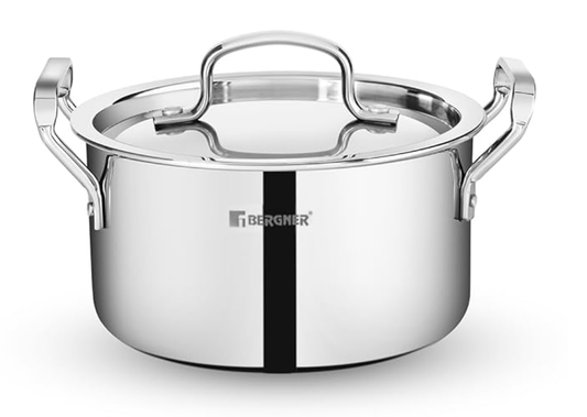 Bergner Tripro Tri-Ply Cook and Serve 24cm Casserole/Biryani Pot/Handi with Stainless Steel Lid, 5.5 litres Triply Casserole, Induction Bottom and Gas Stove Ready (5-Year Warranty by Bergner)