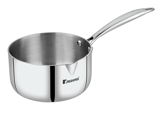 Bergner Argent TriPly Stainless Steel 14 cm Milkpan/Saucepan, Stay Cool Cast Handle, Food Safe, Durable, Even Heat Distribution, Dishwasher Safe, Induction and Gas Ready, Silver