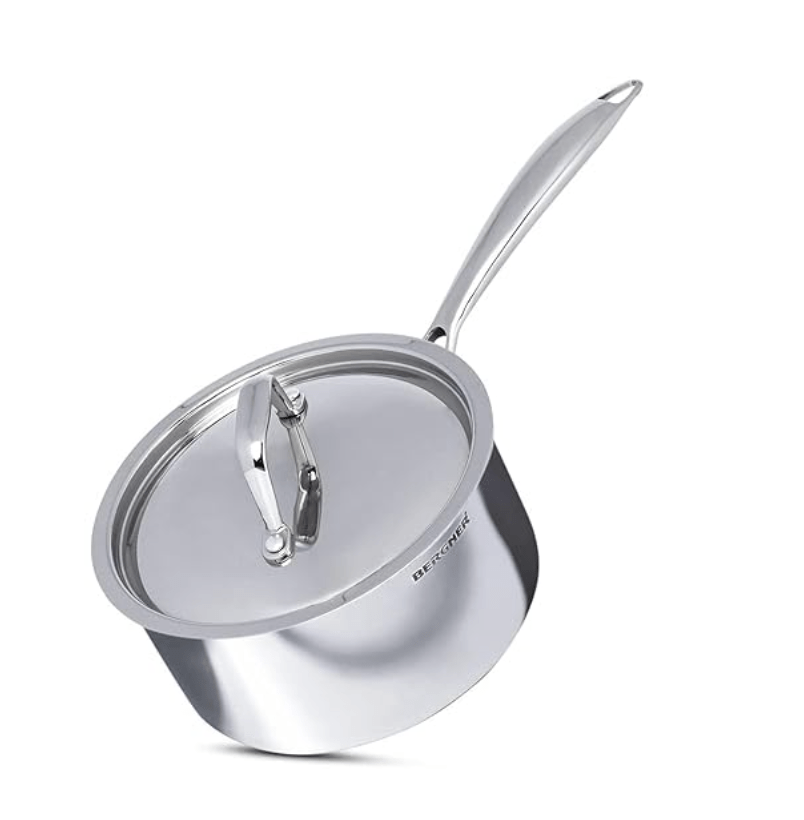 Bergner Argent TriPly Stainless Steel 14 cm Saucepan with Stainless Steel Lid, 1 Litre Sauce Pan, Stay Cool Cast Handle, Food Safe, Durable, Dishwasher Safe, Induction Bottom and Gas Stove Ready