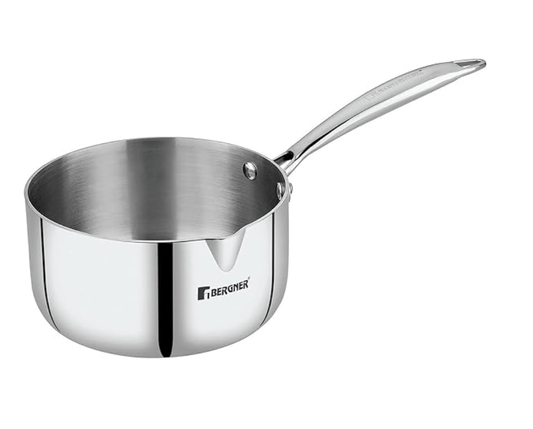 Bergner Argent TriPly Stainless Steel 18 cm Milkpan/Saucepan, Stay Cool Cast Handle, Food Safe, Durable, Even Heat Distribution, Dishwasher Safe, Induction and Gas Ready, Silver