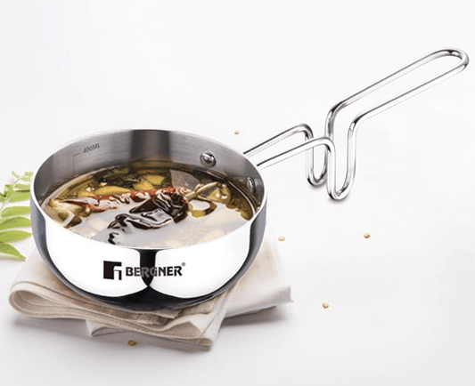 Bergner TriPro TriPly Stainless Steel 12cm Tadka Pan, 500ml Capacity, For Spice Tempering/Seasoning, Long Wire Handle, Laser-Etched Scale, Smooth Finished Surface, Induction Bottom and Gas Stove Ready